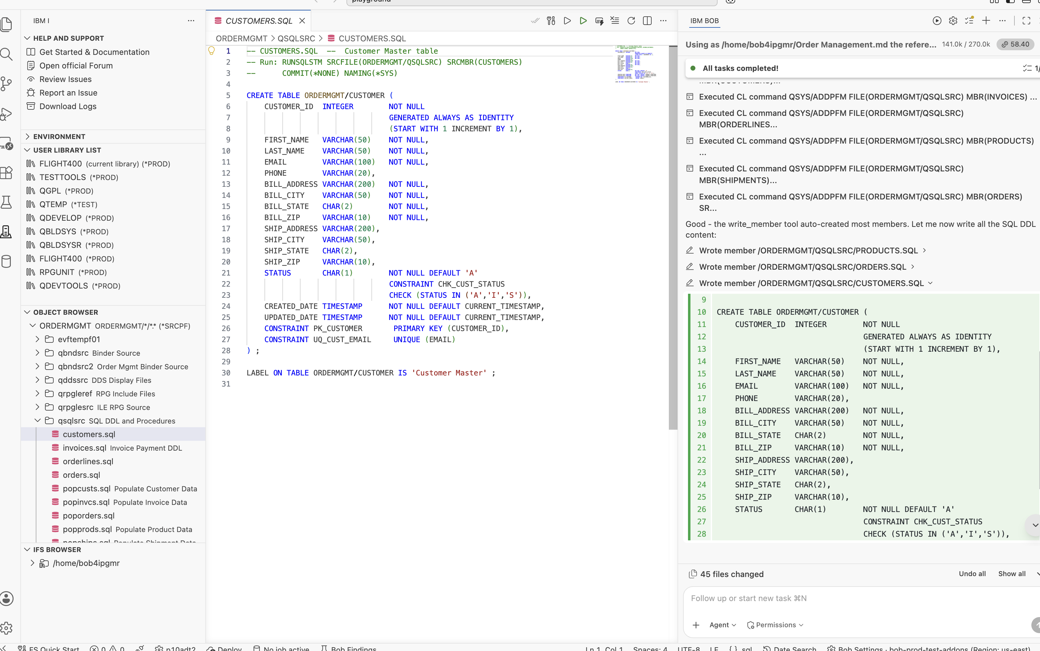 CUSTOMER table DDL generated by IBM Bob